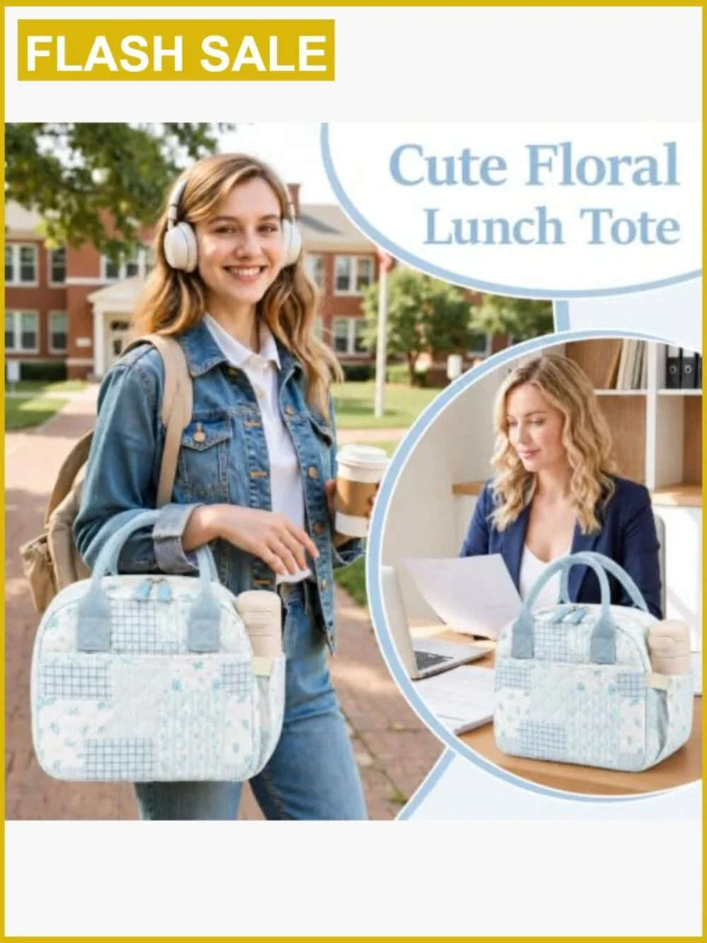 Quilted Insulated Lunch Tote for Women Floral Reusable Lunch Bag with Pockets